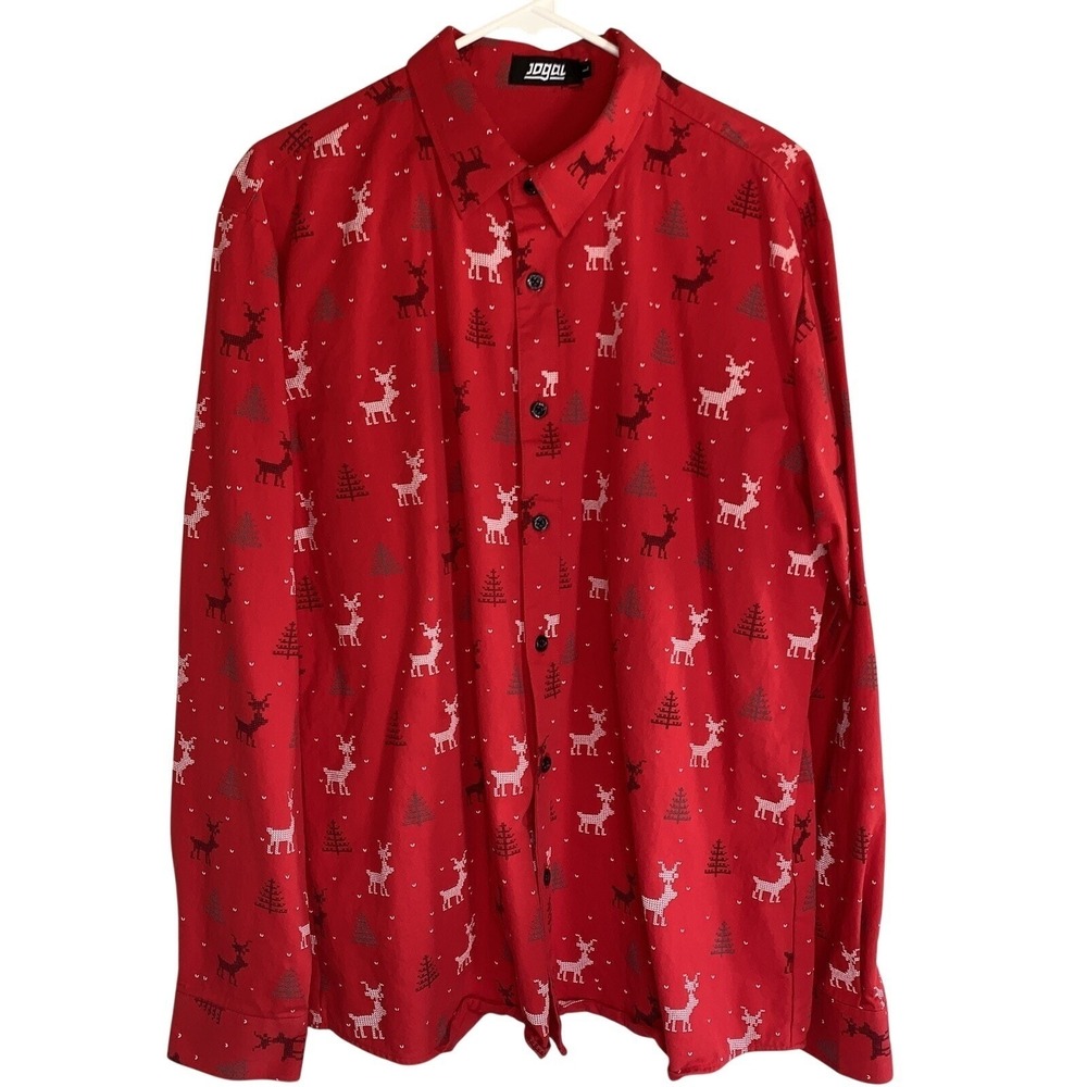 JOGAL Men's Large Christmas Tree‎ Reindeer Party Long Sleeve Button Down Shirt